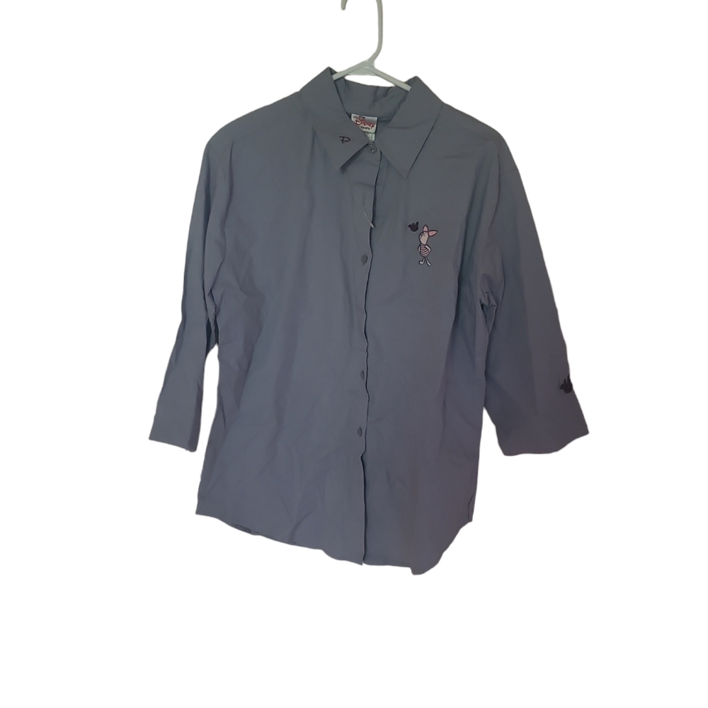 The Disney Store Piglet Blouse Gray Collared Shirt Winnie The Pooh 3/4 Sleeves